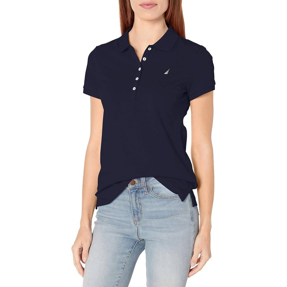 Nautica Polo Shirt Women S Navy Blue Short Sleeve Stretch Cotton Logo Top
